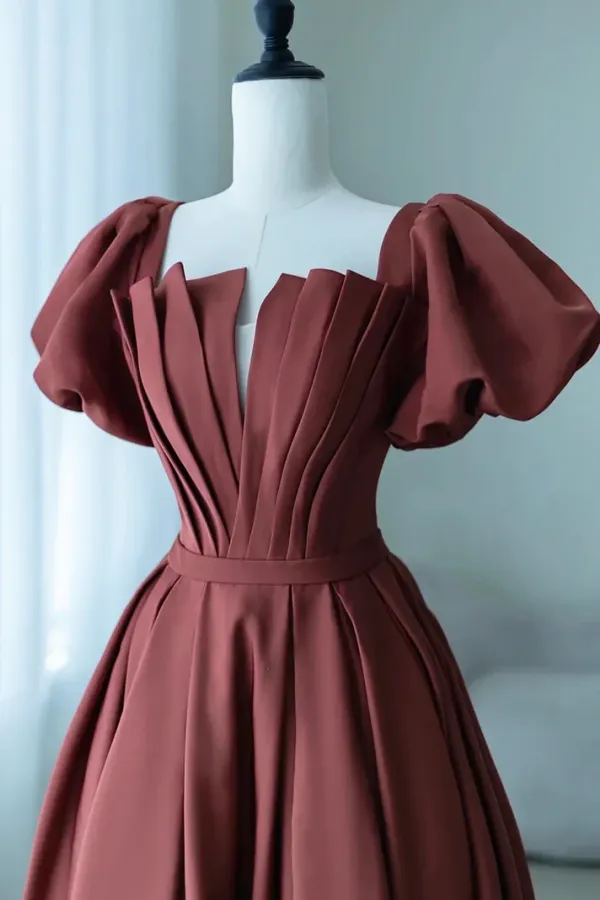 A Line Satin Long Prom Dress, Elegant Short Sleeve Evening Party Dress KPP2183