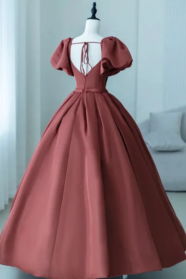 A Line Satin Long Prom Dress, Elegant Short Sleeve Evening Party Dress KPP2183