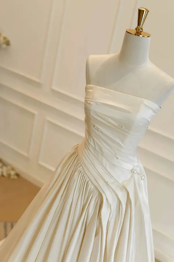 A Line Taffeta Light Champagne Long Prom Dress, Long Evening Dress KPP2150
