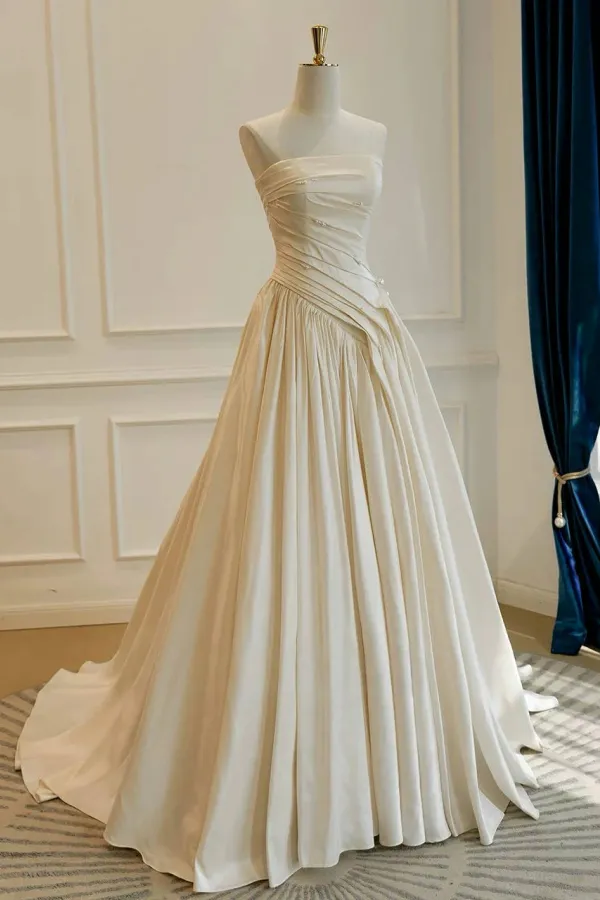 A Line Taffeta Light Champagne Long Prom Dress, Long Evening Dress KPP2150