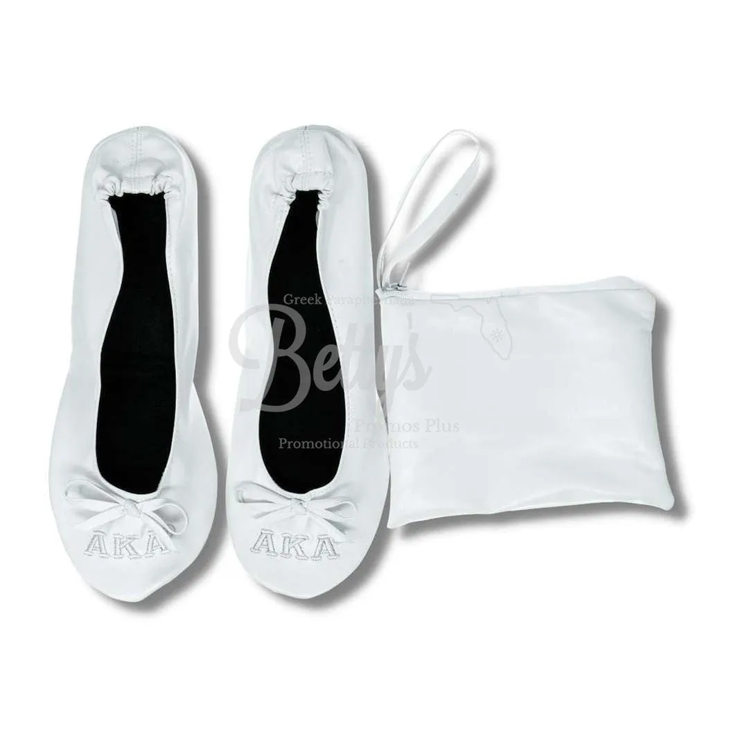 Alpha Kappa Alpha AKA Uninterrupted White Embroidered Ballet Flats with Carrying Case