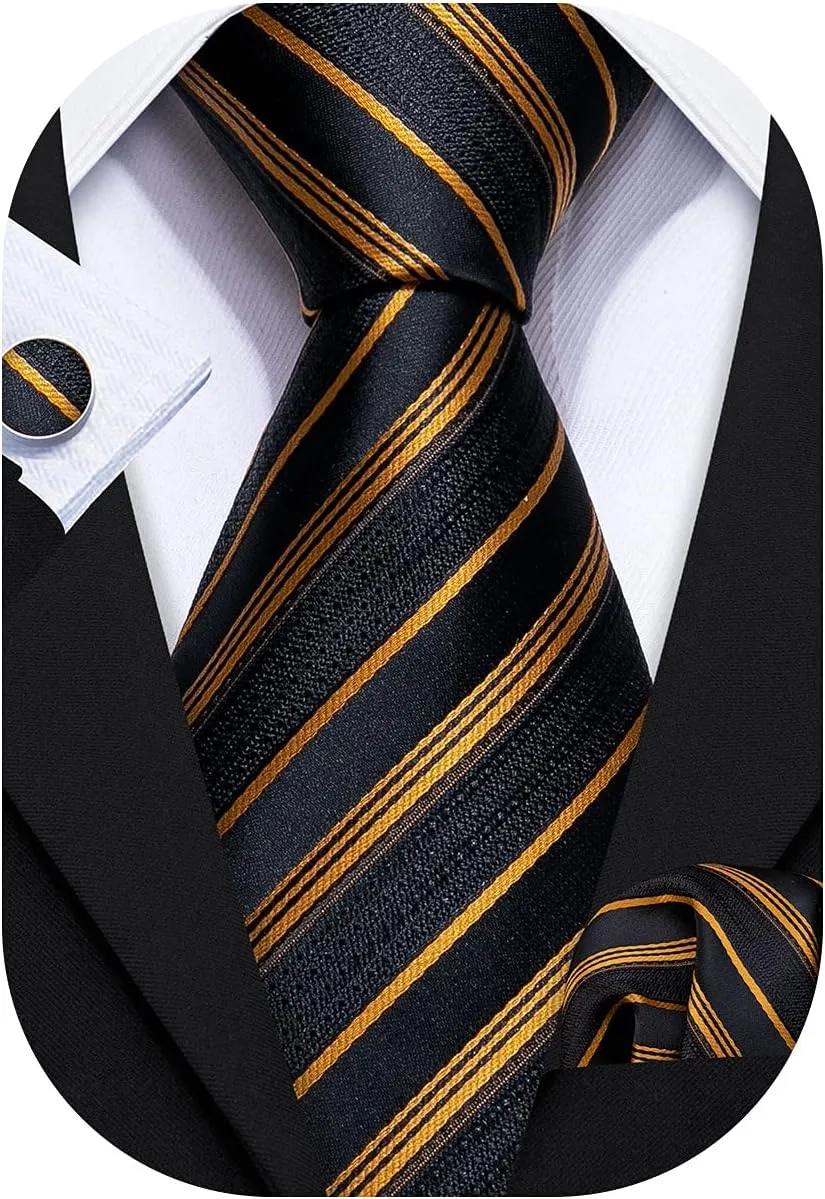 Barry.Wang Stripe Men Ties Set Classic WOVEN Necktie with Handkerchief Cufflinks Formal