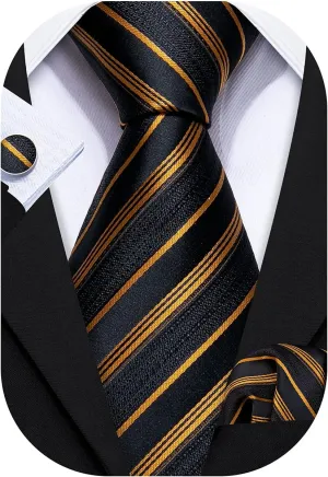 Barry.Wang Stripe Men Ties Set Classic WOVEN Necktie with Handkerchief Cufflinks Formal