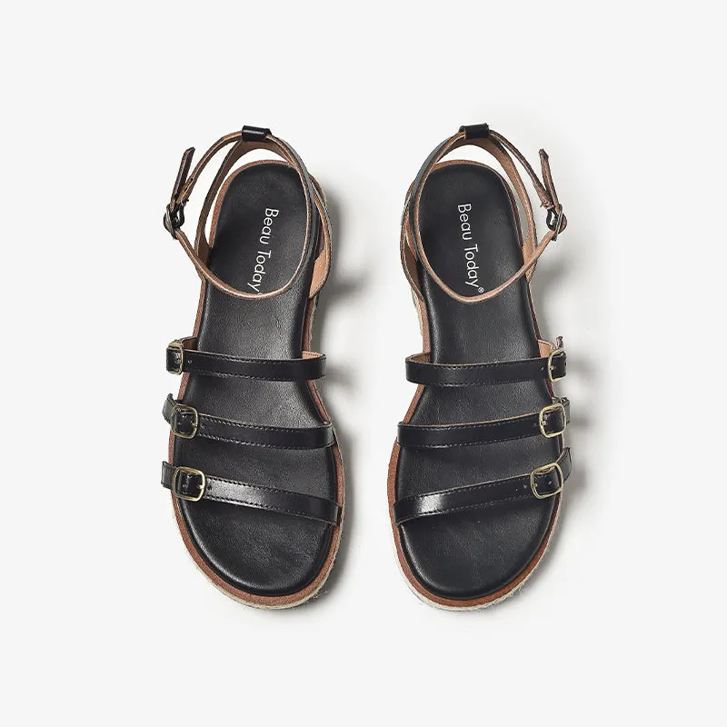BeauToday Casual Leather Three Strap Sandals with Buckle Decor for Women