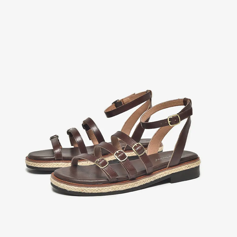 BeauToday Casual Leather Three Strap Sandals with Buckle Decor for Women