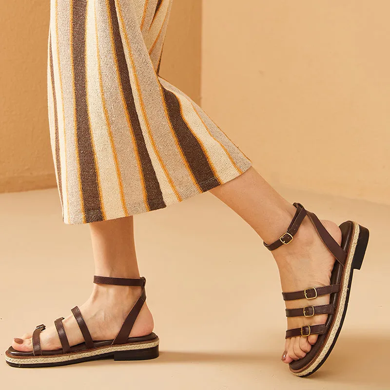BeauToday Casual Leather Three Strap Sandals with Buckle Decor for Women
