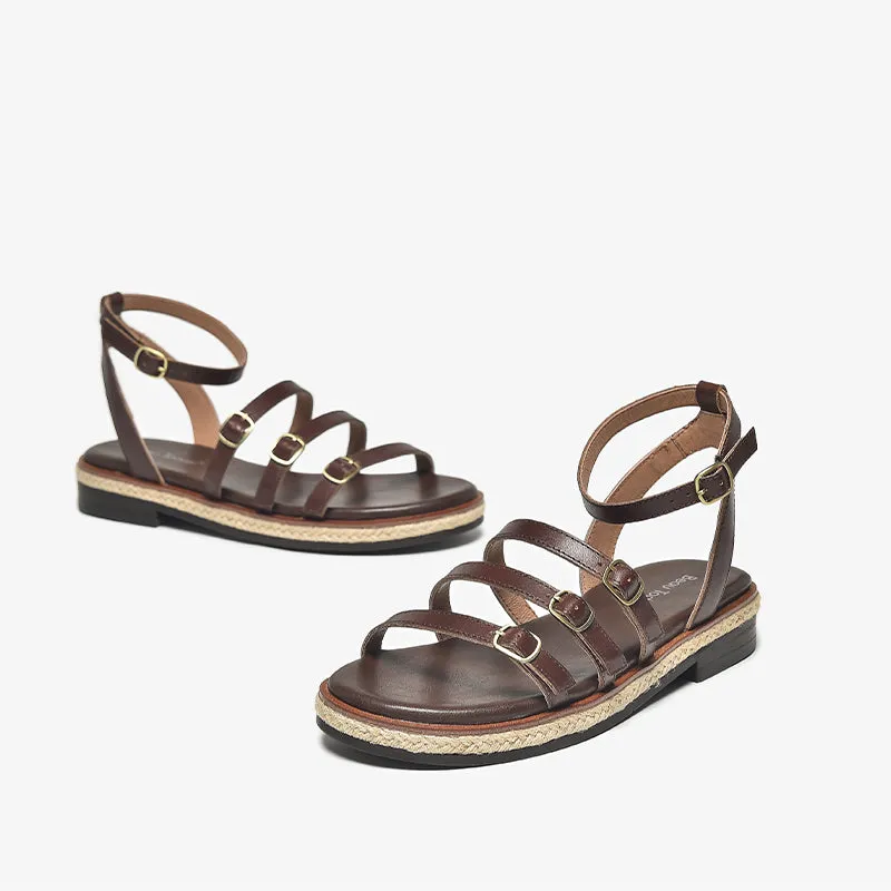 BeauToday Casual Leather Three Strap Sandals with Buckle Decor for Women