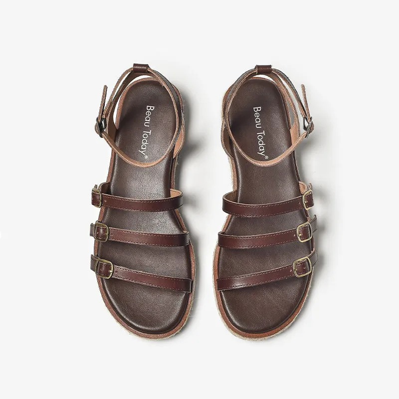 BeauToday Casual Leather Three Strap Sandals with Buckle Decor for Women