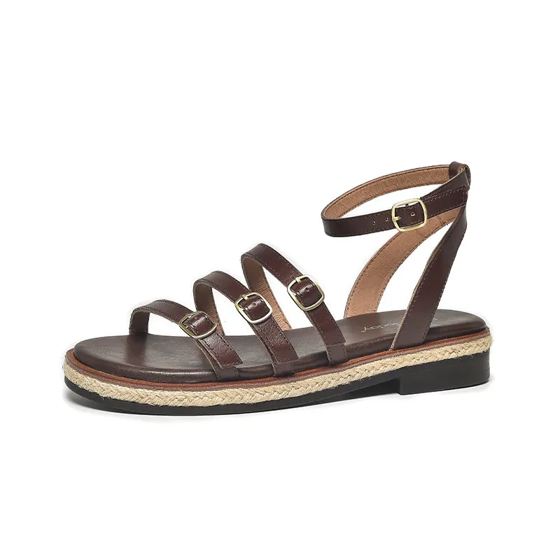 BeauToday Casual Leather Three Strap Sandals with Buckle Decor for Women