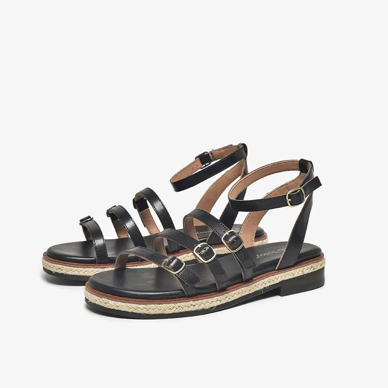 BeauToday Casual Leather Three Strap Sandals with Buckle Decor for Women
