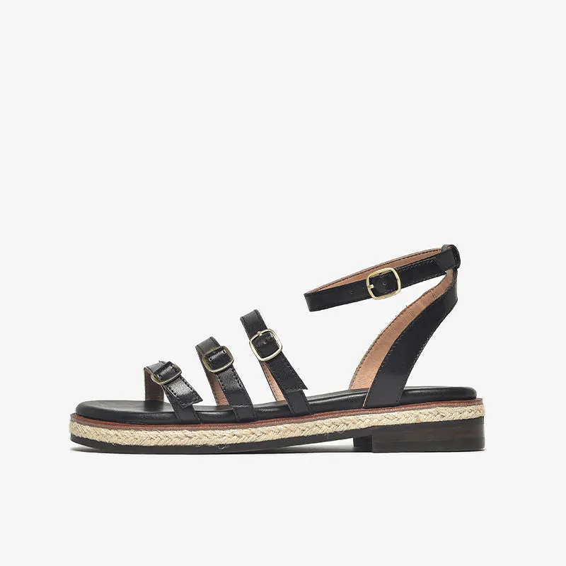 BeauToday Casual Leather Three Strap Sandals with Buckle Decor for Women