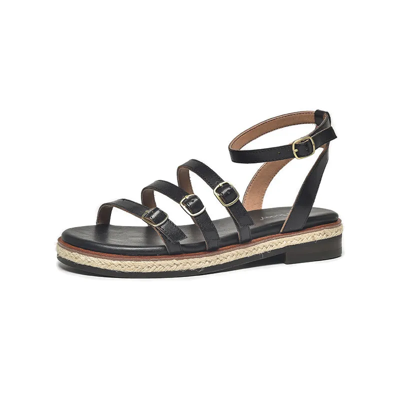 BeauToday Casual Leather Three Strap Sandals with Buckle Decor for Women