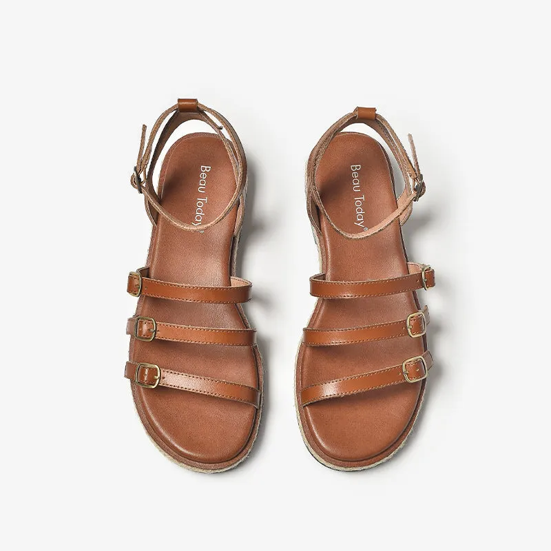 BeauToday Casual Leather Three Strap Sandals with Buckle Decor for Women