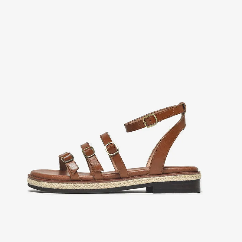 BeauToday Casual Leather Three Strap Sandals with Buckle Decor for Women