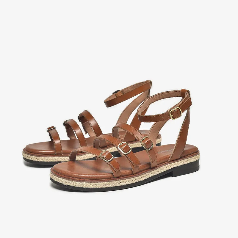 BeauToday Casual Leather Three Strap Sandals with Buckle Decor for Women