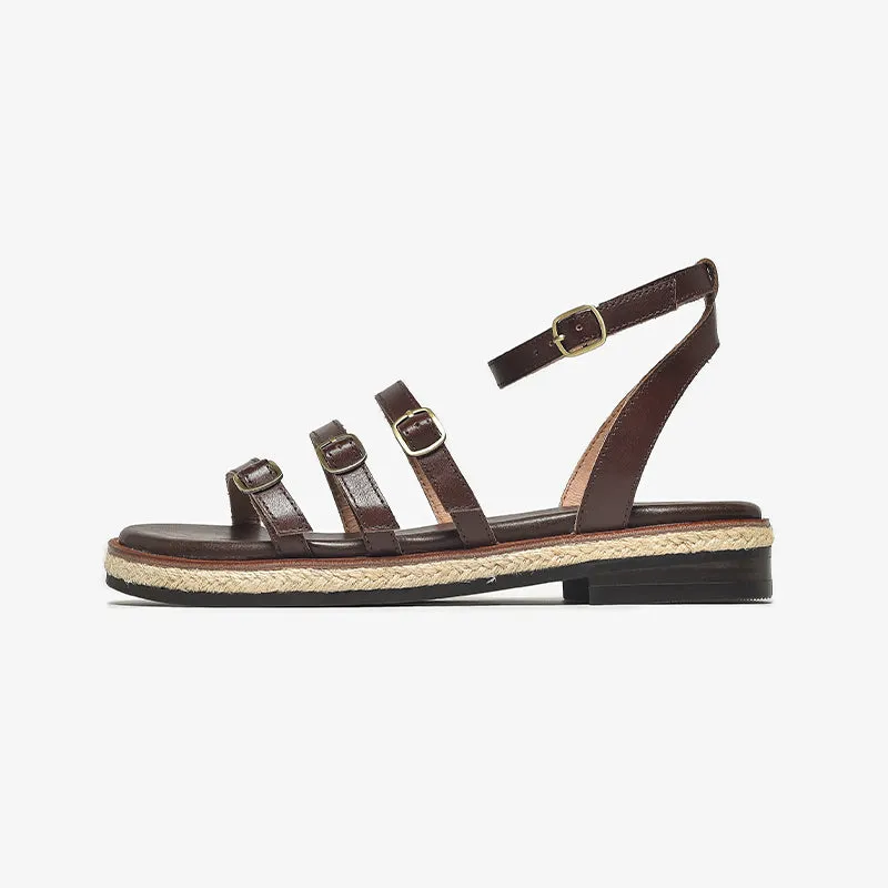BeauToday Casual Leather Three Strap Sandals with Buckle Decor for Women