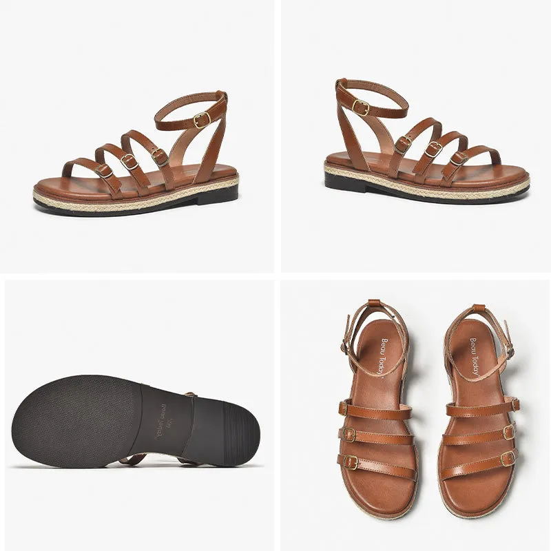 BeauToday Casual Leather Three Strap Sandals with Buckle Decor for Women
