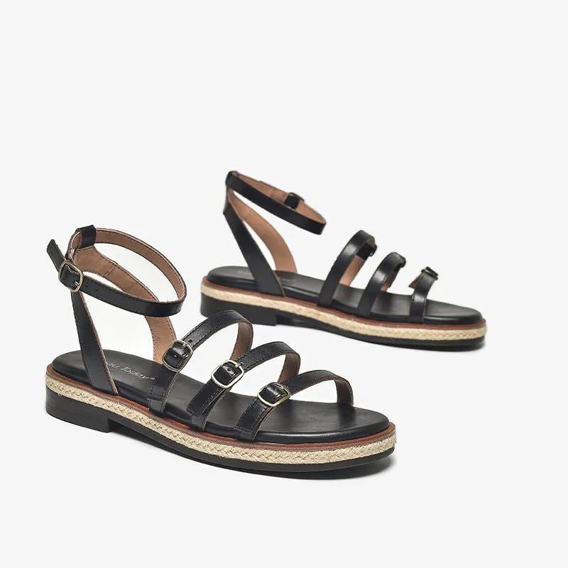 BeauToday Casual Leather Three Strap Sandals with Buckle Decor for Women