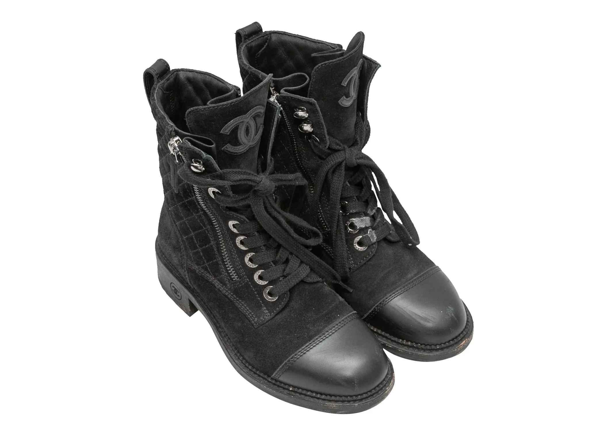Black Chanel Quilted Suede Cap-Toe Combat Boots Size 35