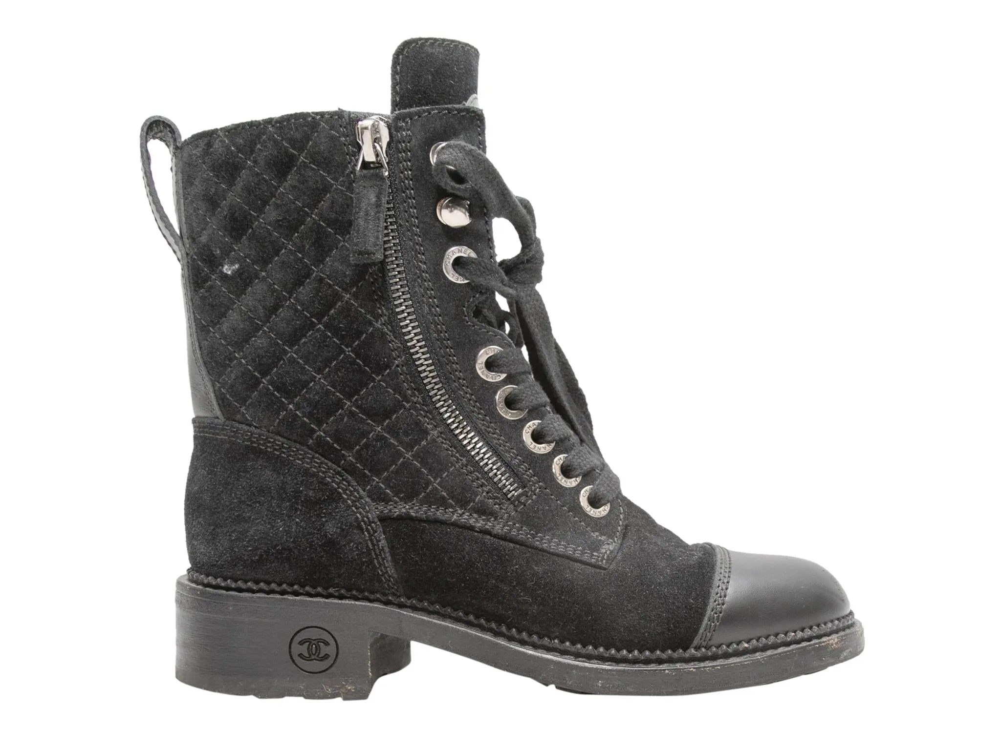 Black Chanel Quilted Suede Cap-Toe Combat Boots Size 35