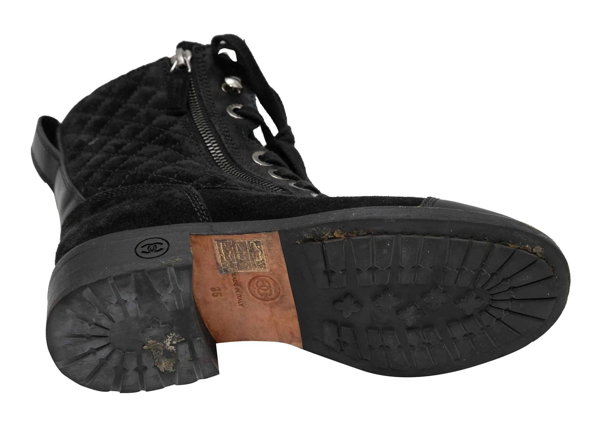 Black Chanel Quilted Suede Cap-Toe Combat Boots Size 35