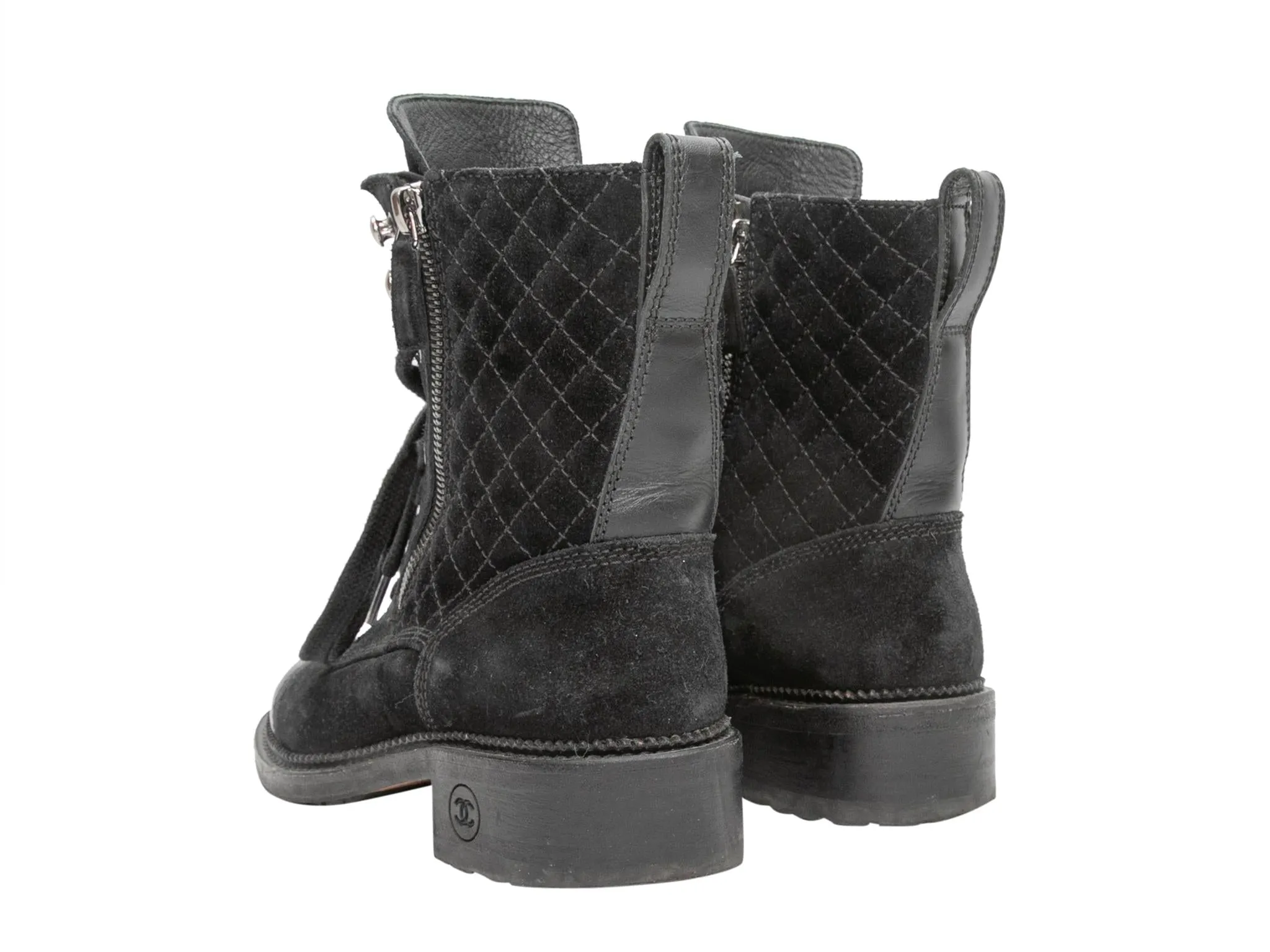 Black Chanel Quilted Suede Cap-Toe Combat Boots Size 35
