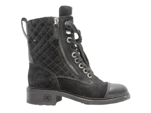 Black Chanel Quilted Suede Cap-Toe Combat Boots Size 35