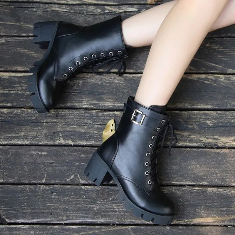 Block chunky heels lace-up booties