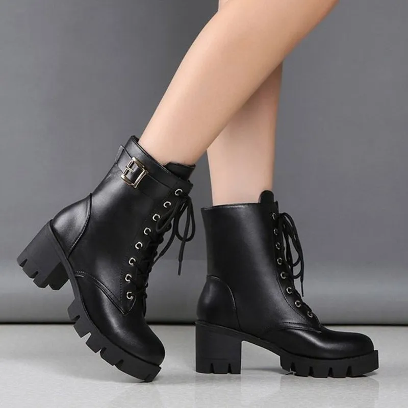 Block chunky heels lace-up booties