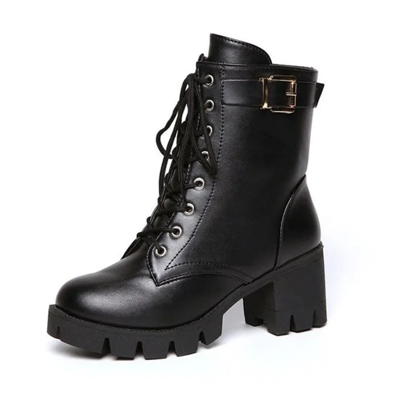 Block chunky heels lace-up booties