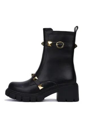 Cape Robbin Yuri Black Gold Embellished Buckle Strap Block Chunky Heel Moto Boot
