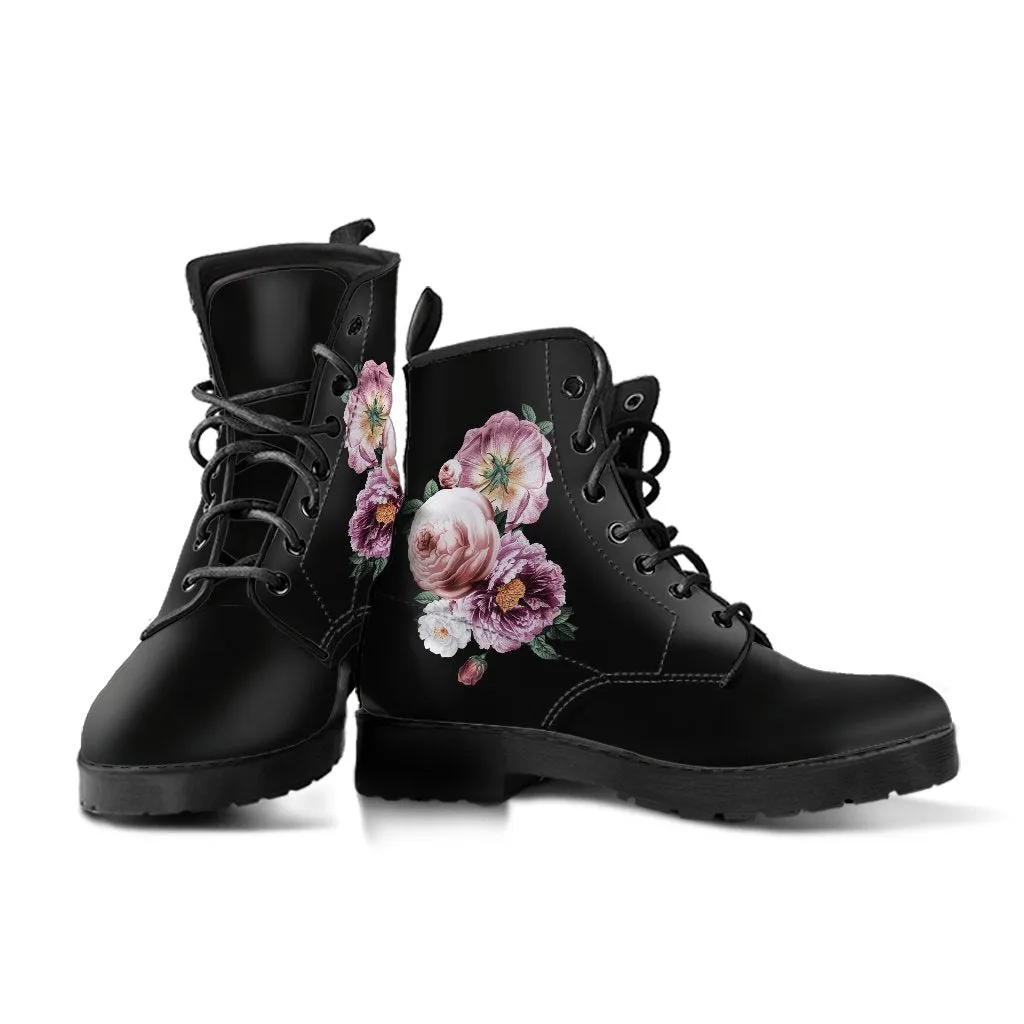 Combat Boots - Beautiful Flowers #11 Black | Women's Black Hipster Boots, Handmade Lace Up Boots, Custom Shoes