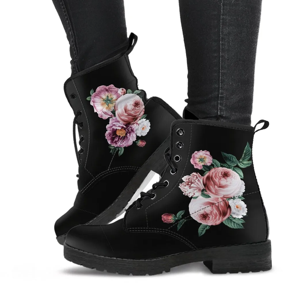 Combat Boots - Beautiful Flowers #11 Black | Women's Black Hipster Boots, Handmade Lace Up Boots, Custom Shoes