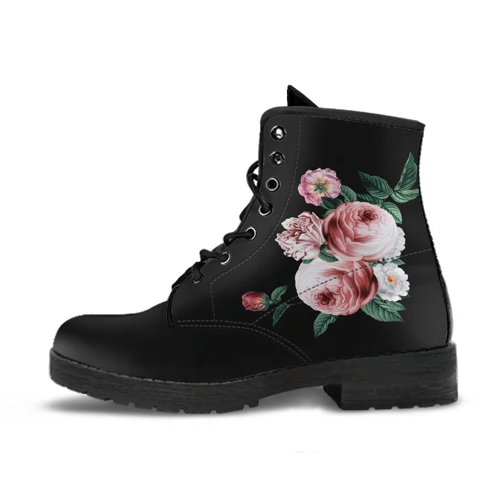 Combat Boots - Beautiful Flowers #11 Black | Women's Black Hipster Boots, Handmade Lace Up Boots, Custom Shoes