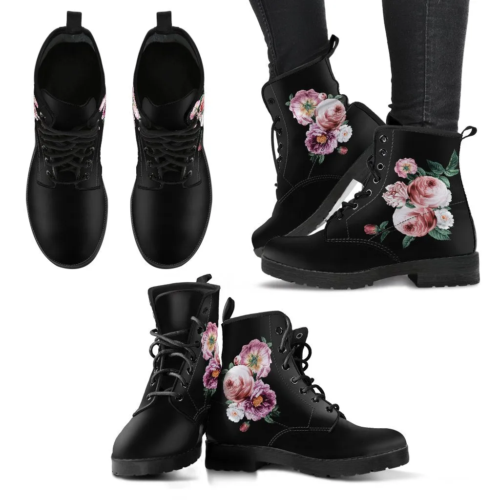 Combat Boots - Beautiful Flowers #11 Black | Women's Black Hipster Boots, Handmade Lace Up Boots, Custom Shoes