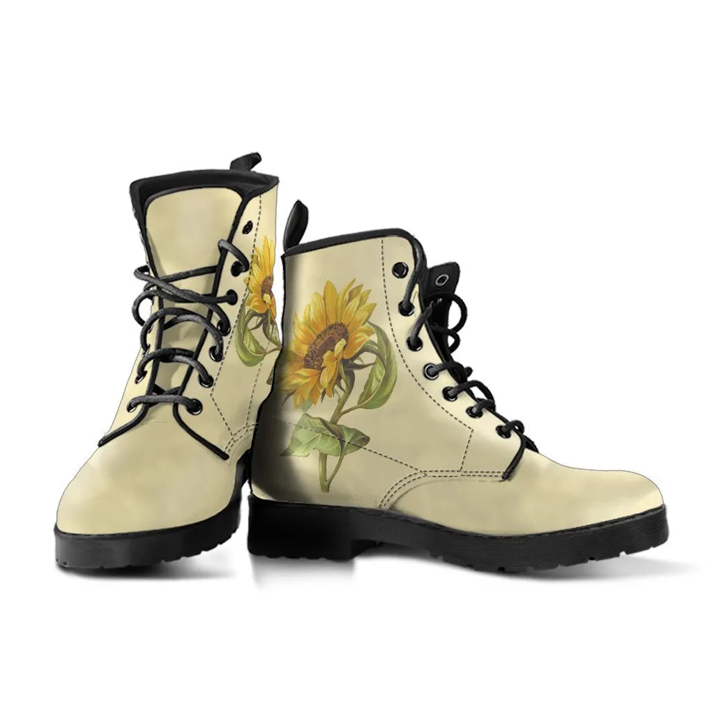 Combat Boots - Vintage Style Sunflower Shoes | Vegan Leather Lace Up Boots, Handmade Lace Up Boots, Women's Boots, Aesthetic Shoes, Sorority