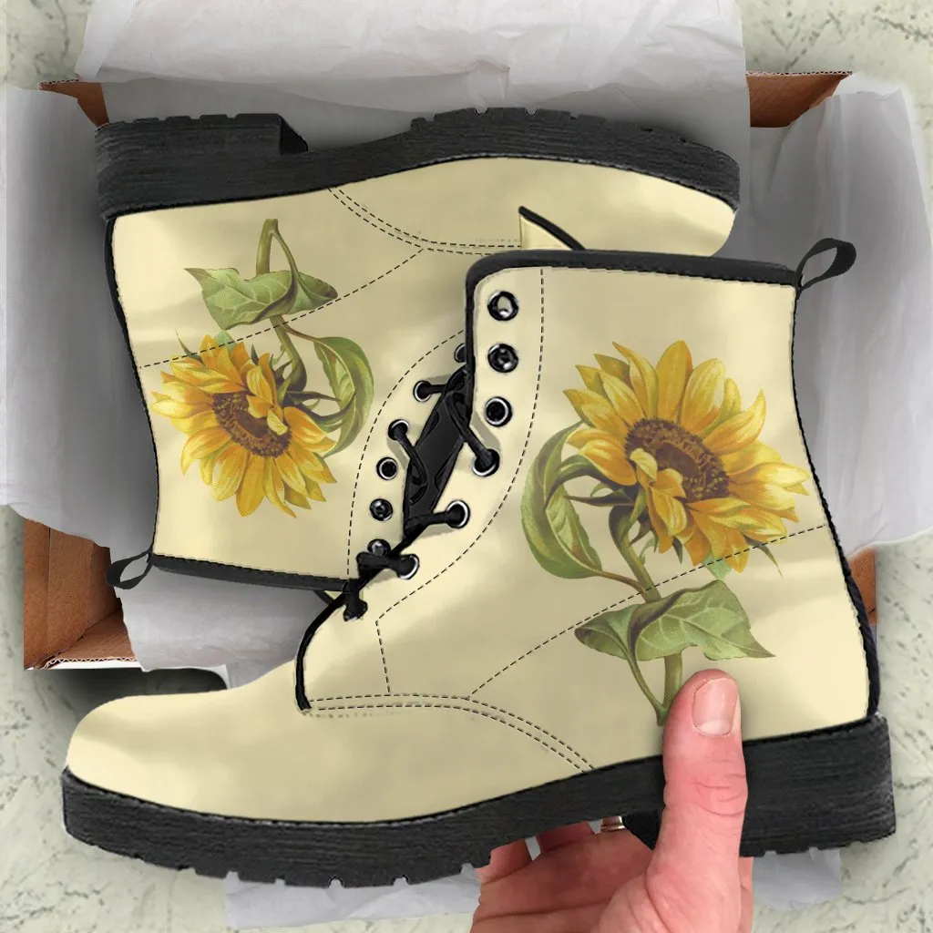 Combat Boots - Vintage Style Sunflower Shoes | Vegan Leather Lace Up Boots, Handmade Lace Up Boots, Women's Boots, Aesthetic Shoes, Sorority