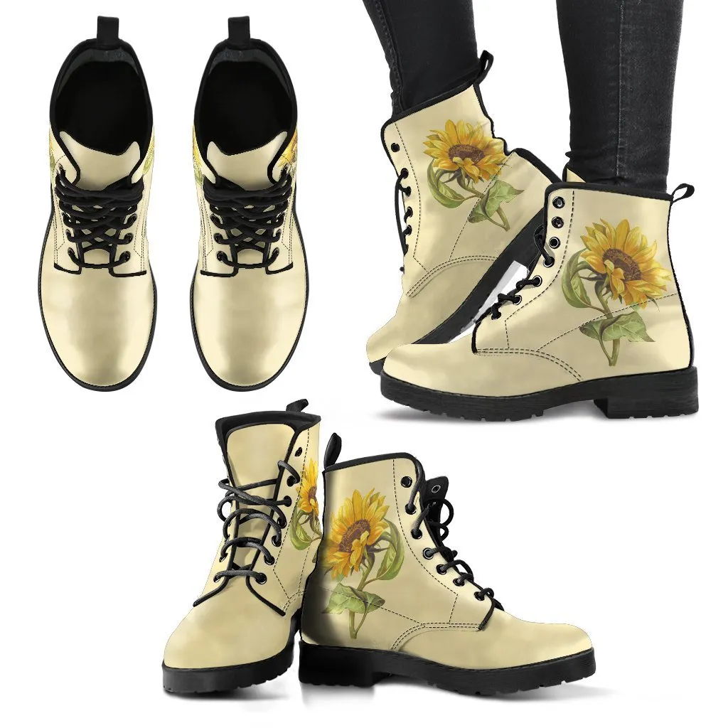 Combat Boots - Vintage Style Sunflower Shoes | Vegan Leather Lace Up Boots, Handmade Lace Up Boots, Women's Boots, Aesthetic Shoes, Sorority