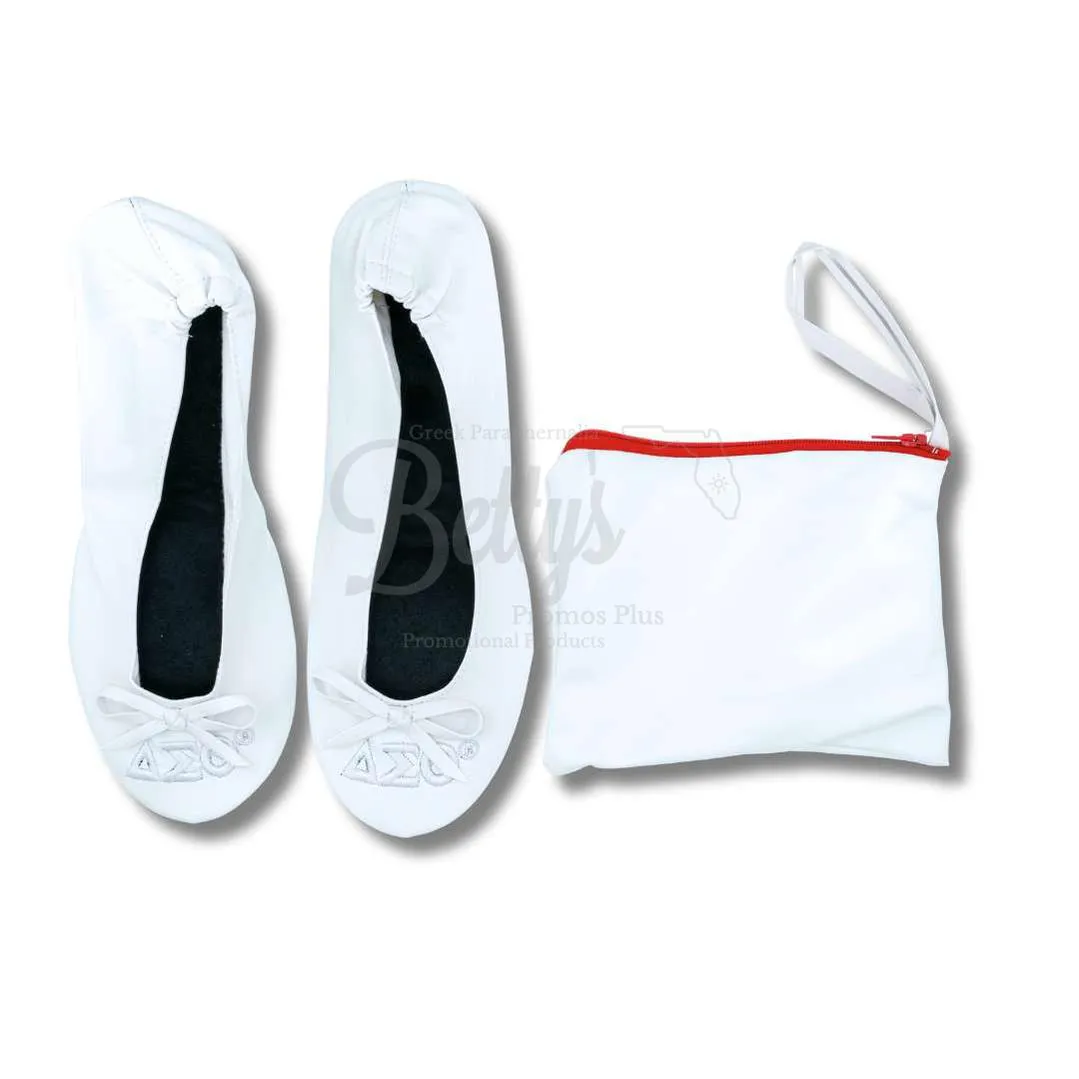 Delta Sigma Theta ΔΣΘ Uninterrupted White Embroidered Ballet Flats with Carrying Case