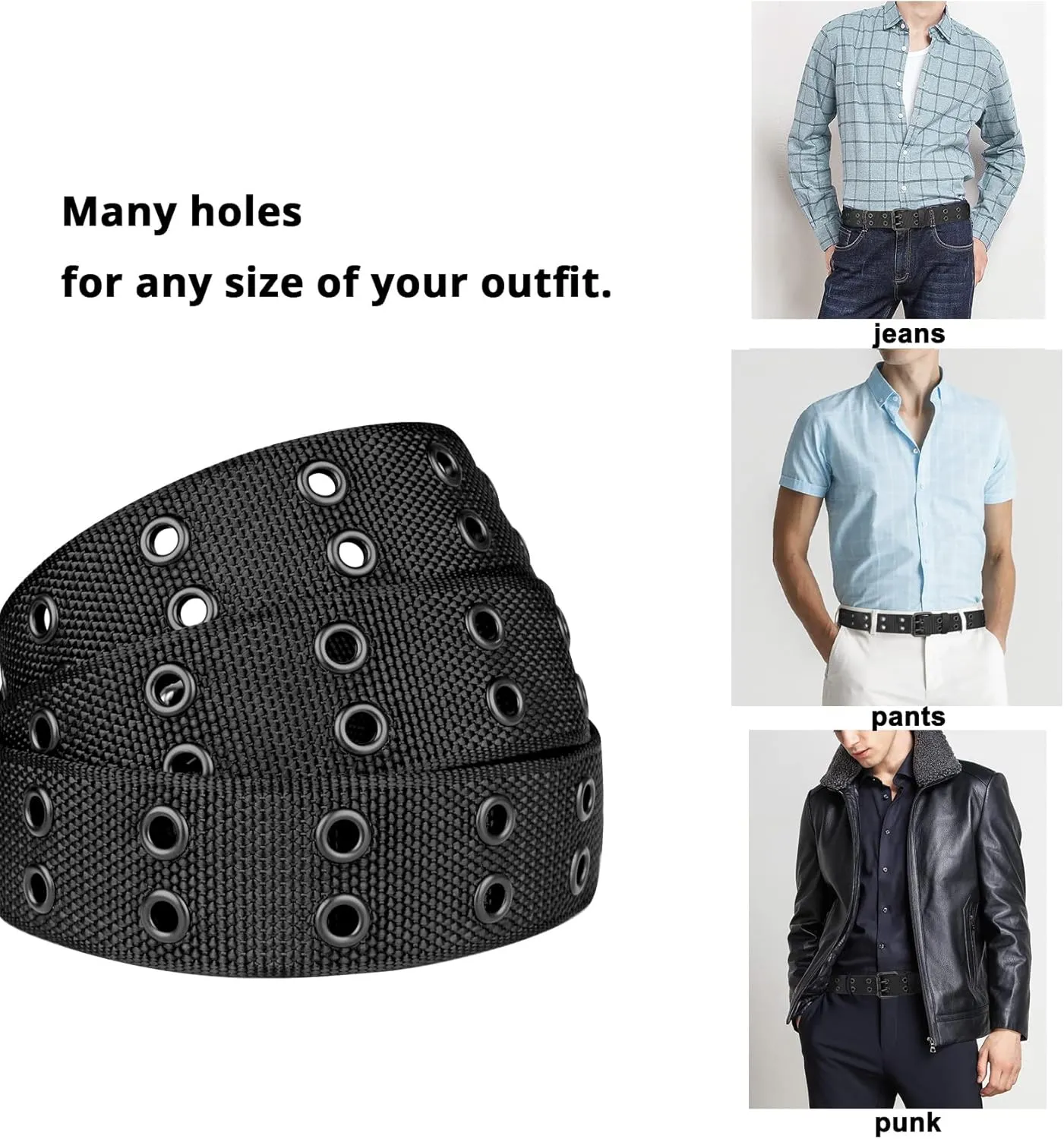 Double Prong Belt Plus Size 39 to 71'' Black Grommet Nylon Belts for Men Women Unisex