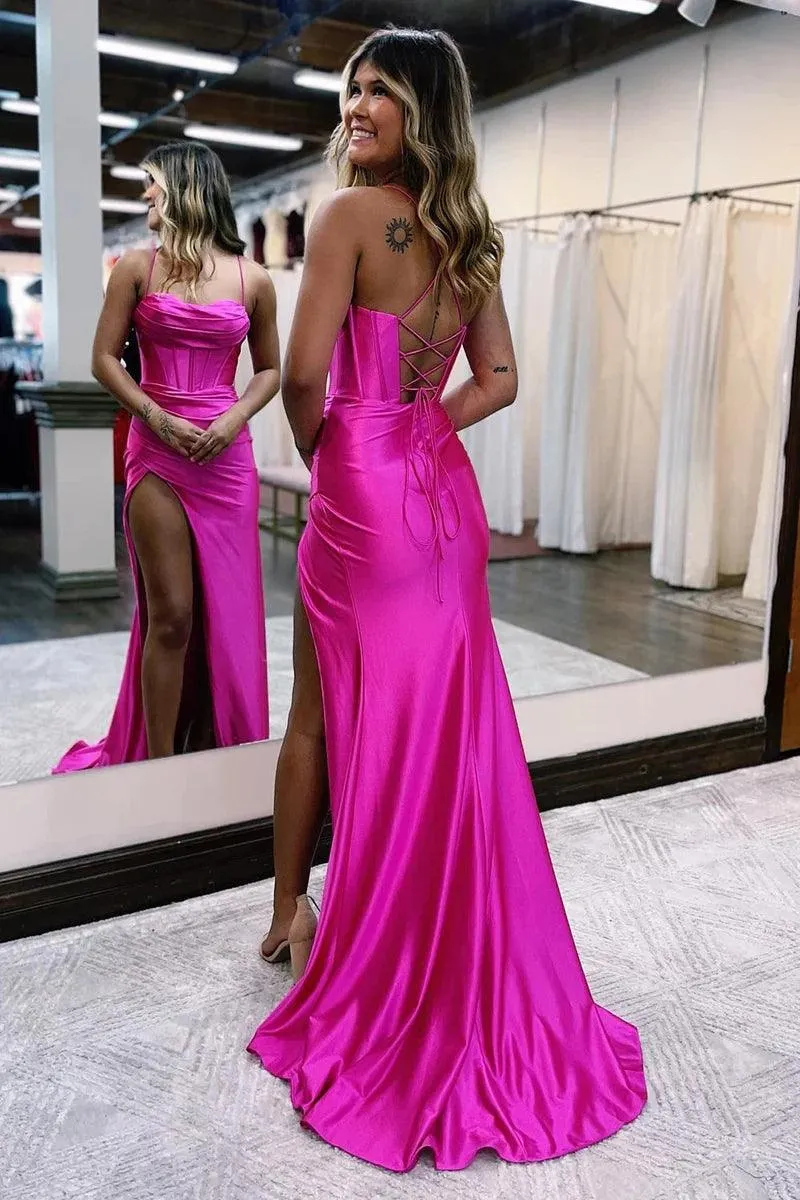 Hot Pink Mermaid Spaghetti Straps Satin Prom Dress with Slit PSK453