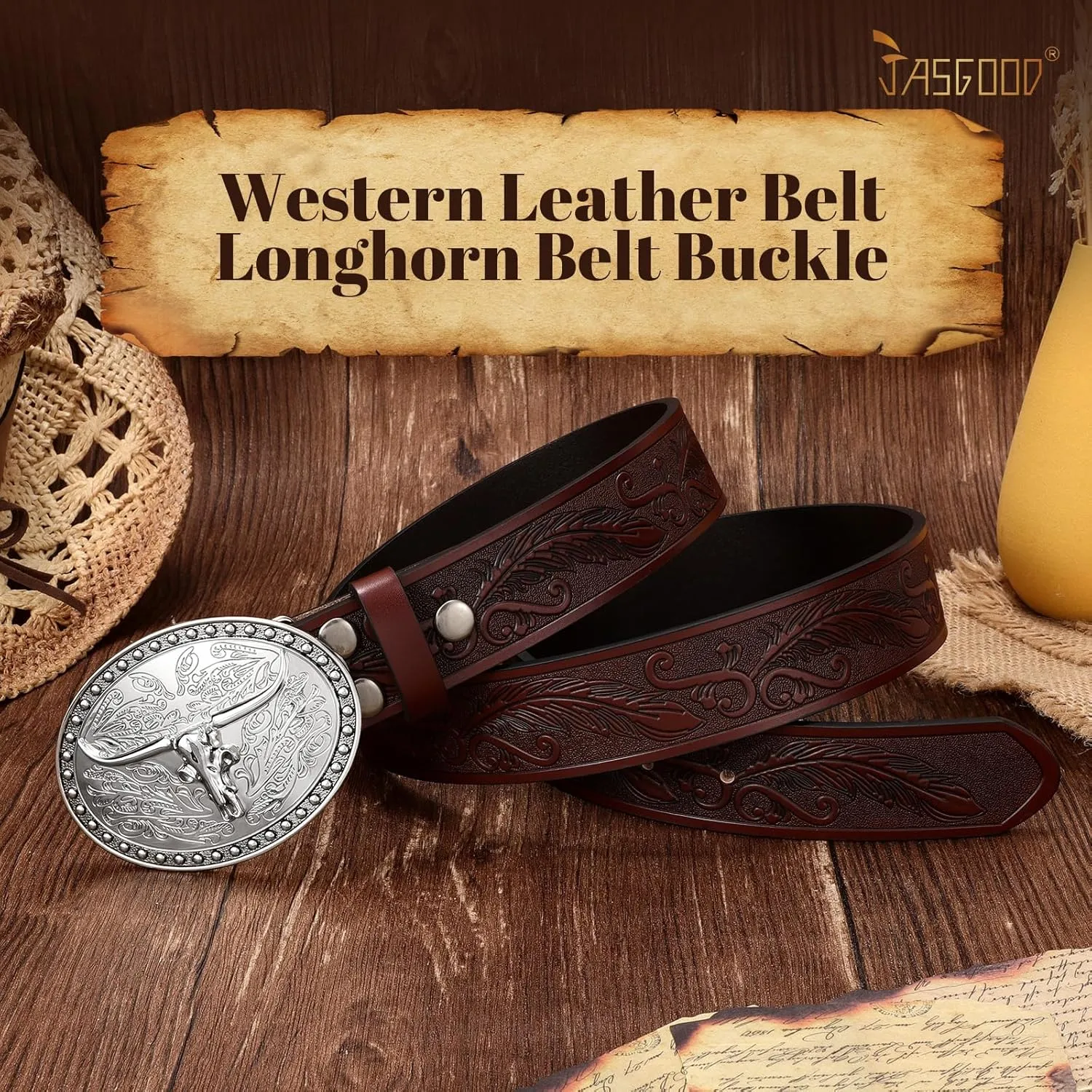 JASGOOD Western Belt Cowboy Belts for Men Women, Cowgirl Western Country Leather Belts Leather Belt for Jeans Pants