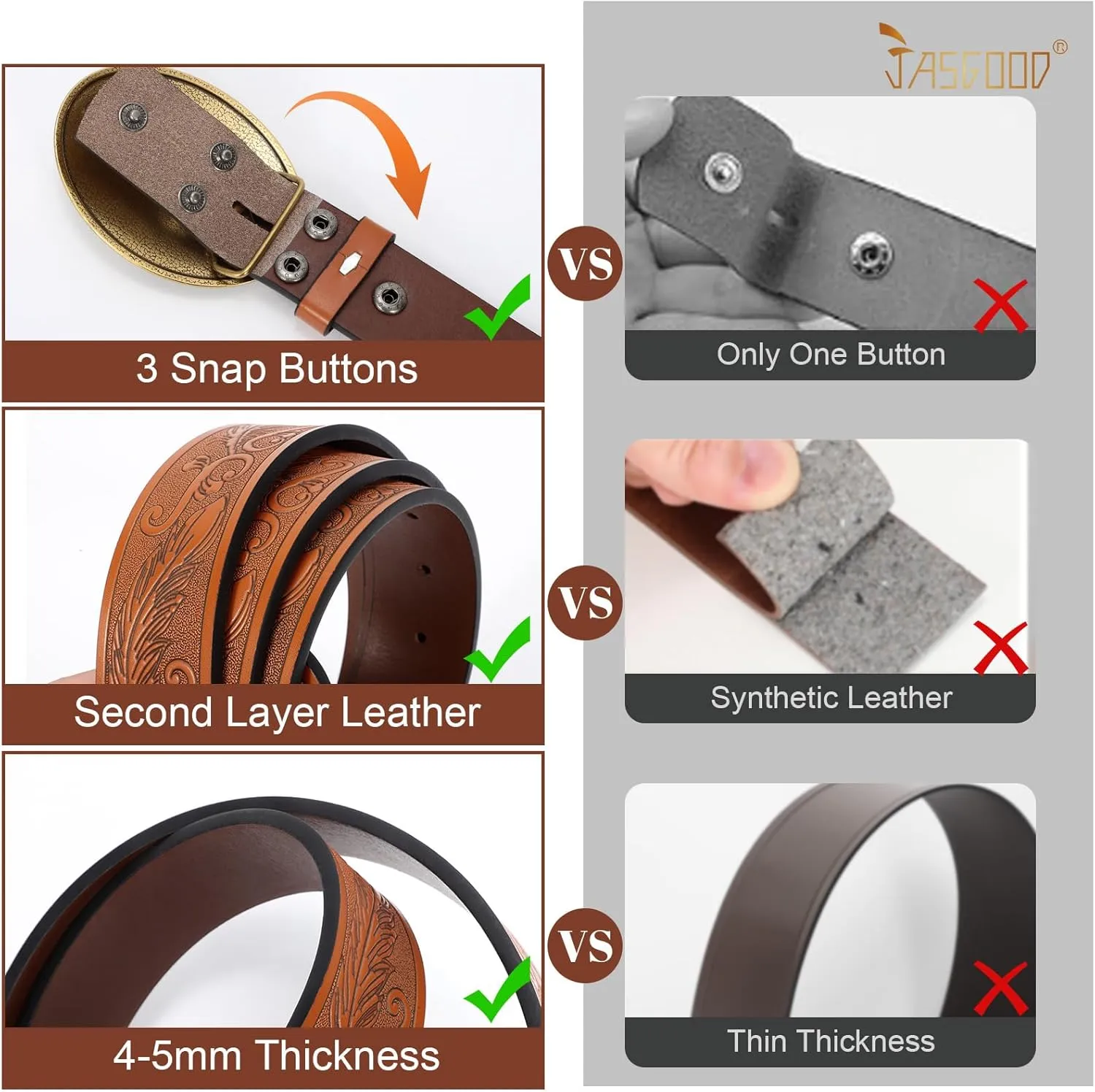 JASGOOD Western Belt Cowboy Belts for Men Women, Cowgirl Western Country Leather Belts Leather Belt for Jeans Pants