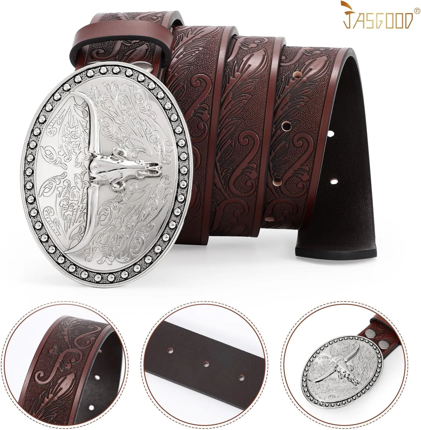 JASGOOD Western Belt Cowboy Belts for Men Women, Cowgirl Western Country Leather Belts Leather Belt for Jeans Pants