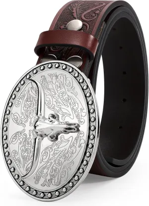 JASGOOD Western Belt Cowboy Belts for Men Women, Cowgirl Western Country Leather Belts Leather Belt for Jeans Pants