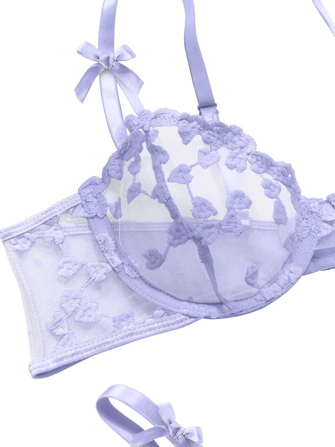 Lilosy Sexy Underwire Cute Push Up Strappy Embroidered Mesh Sheer Lingerie Set See Through Panty Bra