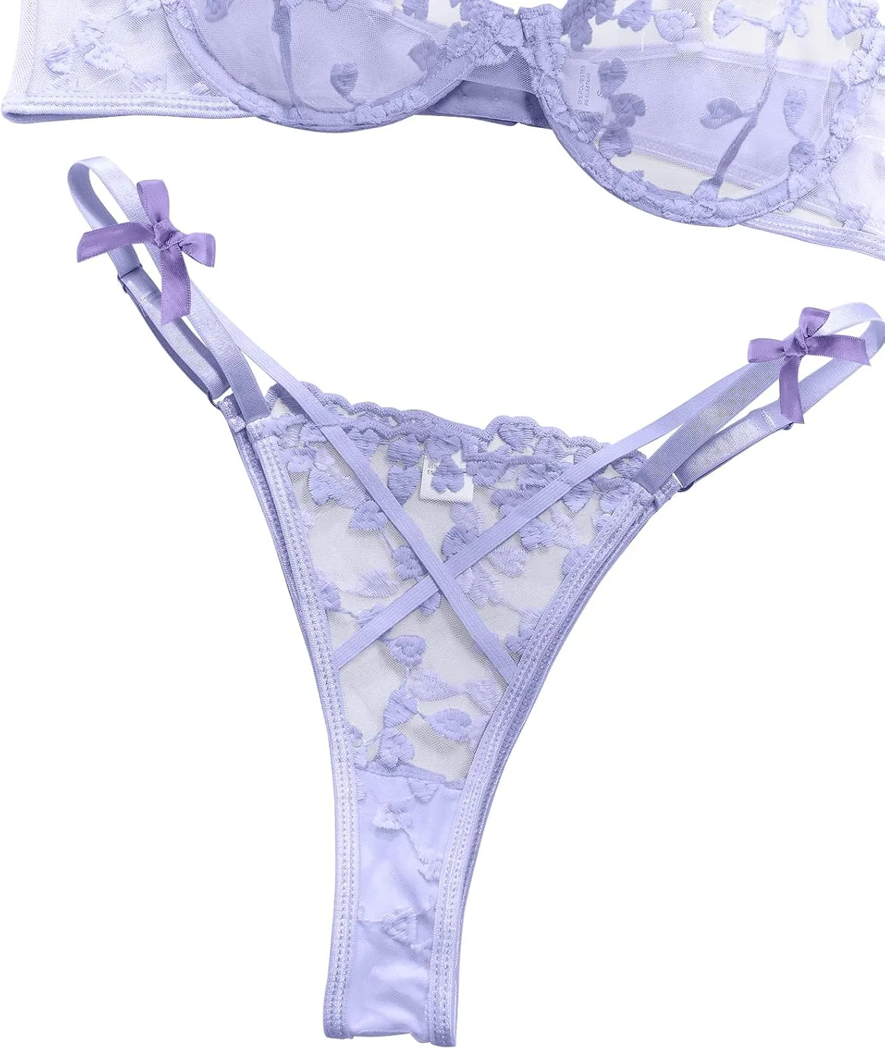 Lilosy Sexy Underwire Cute Push Up Strappy Embroidered Mesh Sheer Lingerie Set See Through Panty Bra