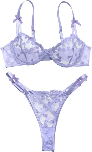 Lilosy Sexy Underwire Cute Push Up Strappy Embroidered Mesh Sheer Lingerie Set See Through Panty Bra