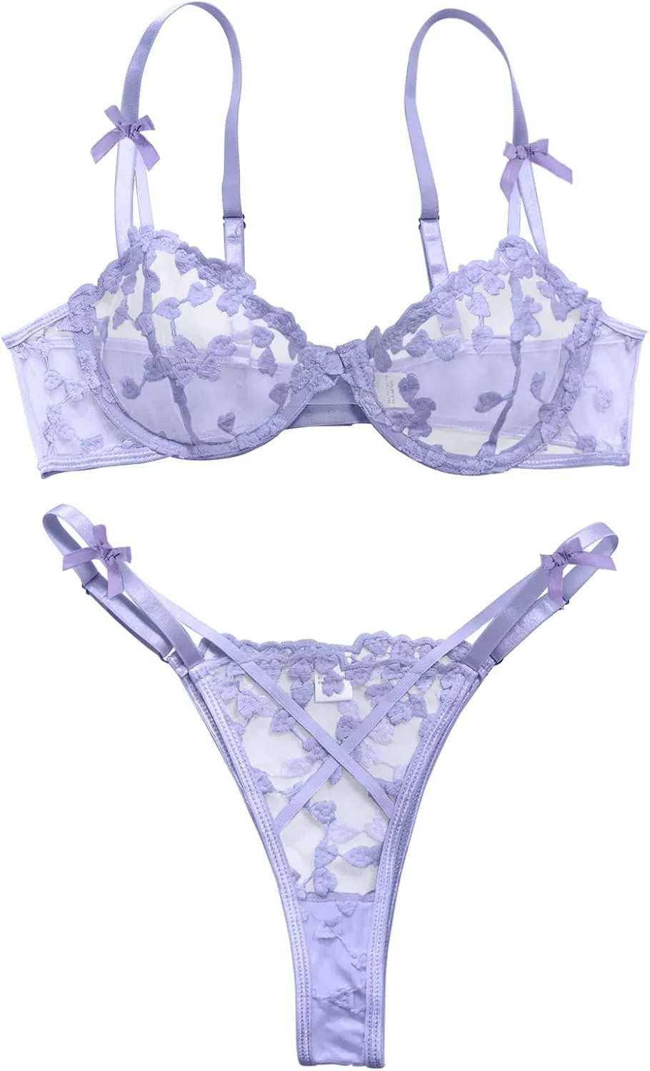 Lilosy Sexy Underwire Cute Push Up Strappy Embroidered Mesh Sheer Lingerie Set See Through Panty Bra