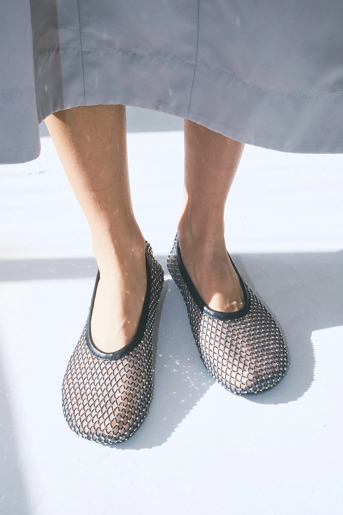 Lorain Mesh Glow Black Leather Ballet Flats - Black
